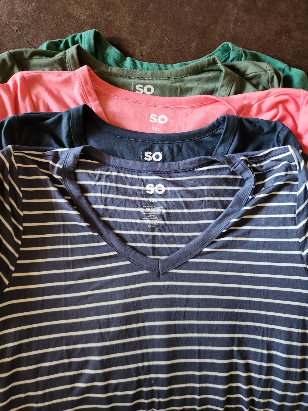 SO Striped V-Neck Tee + 3 Solid Tees - Navy, Pink, Green